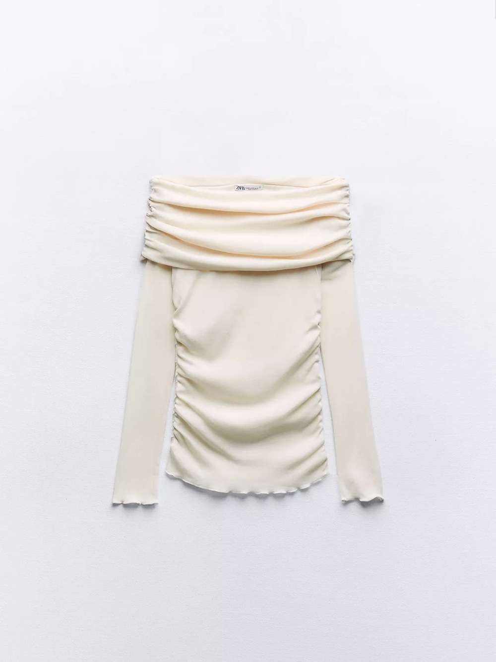 Zara Cream Off-Shoulder Ruched Long Sleeve Top